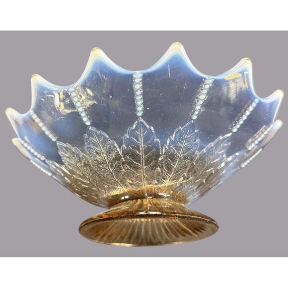 Northwood White Opalescent Leaf & Beads Footed Bowl 8 In Scalloped Rim Glass - Picture 4 of 6